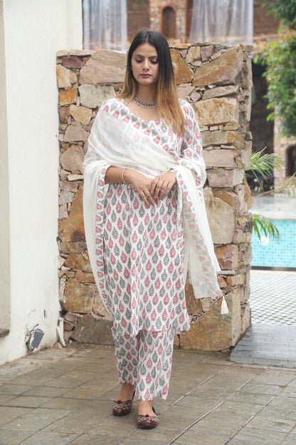 Negchar Chooti Buti Handblock Print Straight Kurta set Of three