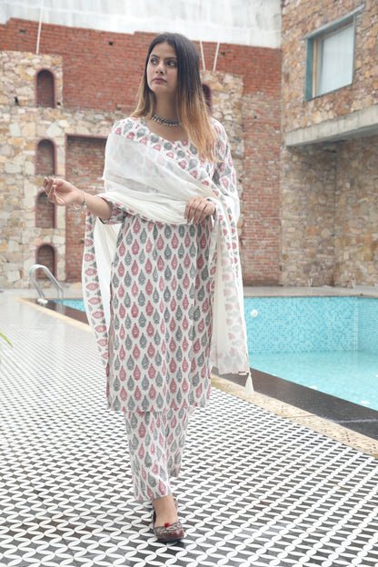 Negchar Chooti Buti Handblock Print Straight Kurta set Of three