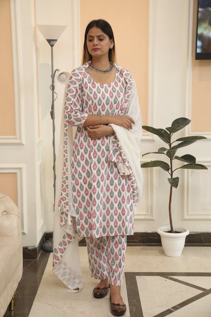 Negchar Chooti Buti Handblock Print Straight Kurta set Of three