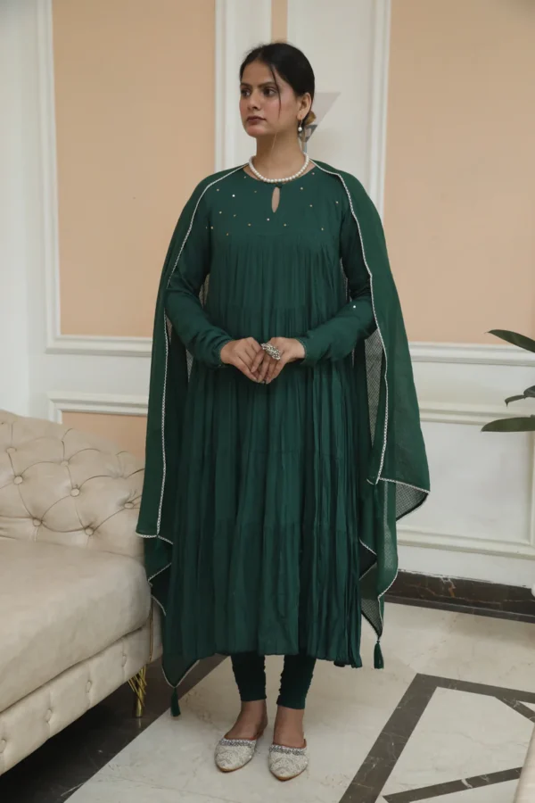1Negchar Solid Green Tire Anarkali Set Set of 3 Negchar Solid Green Tire Anarkali Set Set of 3