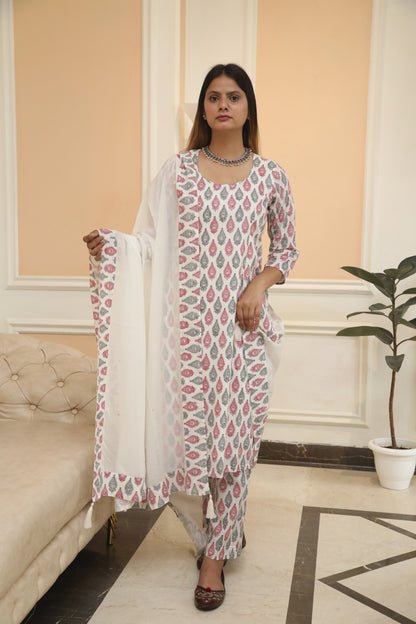 Negchar Chooti Buti Handblock Print Straight Kurta set Of three