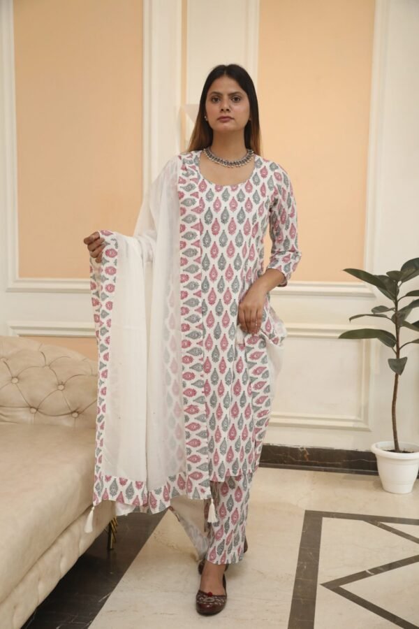 Negchar Chooti Buti Handblock Print Straight Kurta set Of three