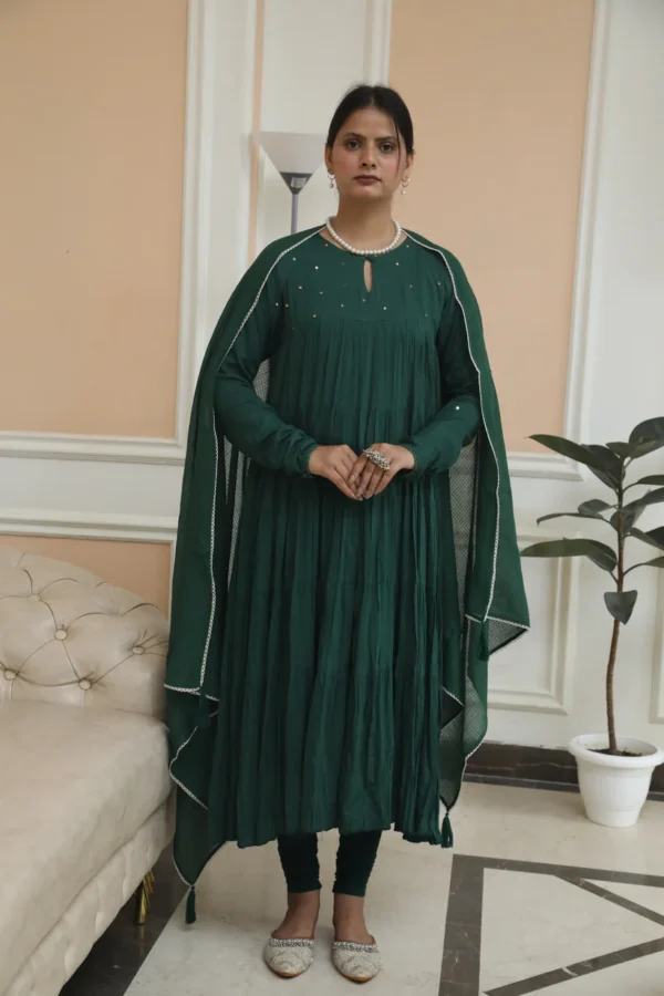 2 Negchar Solid Green Tire Anarkali Set Set of 3