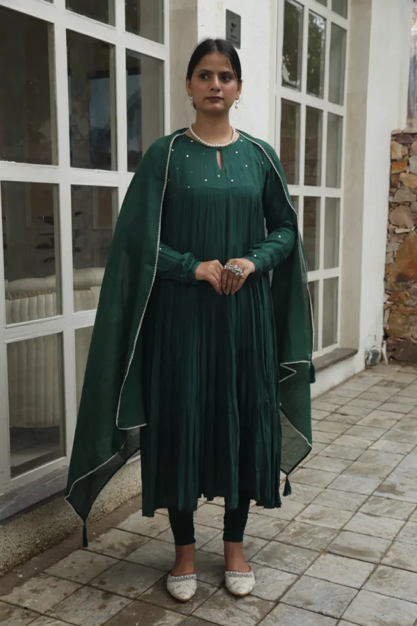 3 Negchar Solid Green Tire Anarkali Set Set of 3