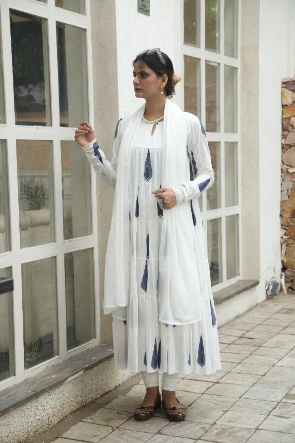 Negchar-Blue leaf Handblock tire anarkali set Negchar-Blue leaf Handblock tire anarkali set