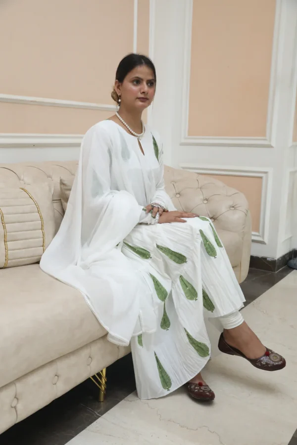 Negchar -green leaf Handblock print tire anarkali set Set of 3
