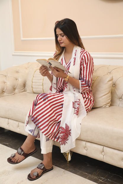 BD9A2357-_1 (1) Red stripes and palm handblockprinted linen set of 3